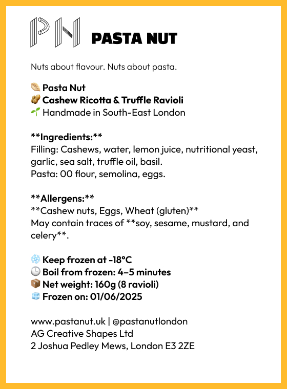 Cashew ravioli freezer package label