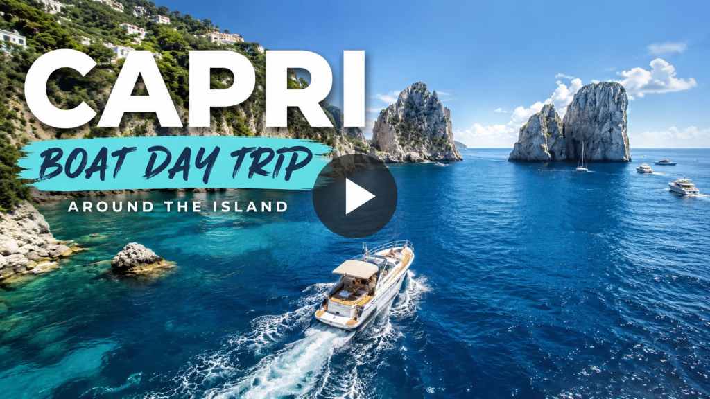 Capri: Aerial view of a boat tour along the Capri coastline, Italy, 4K travel video