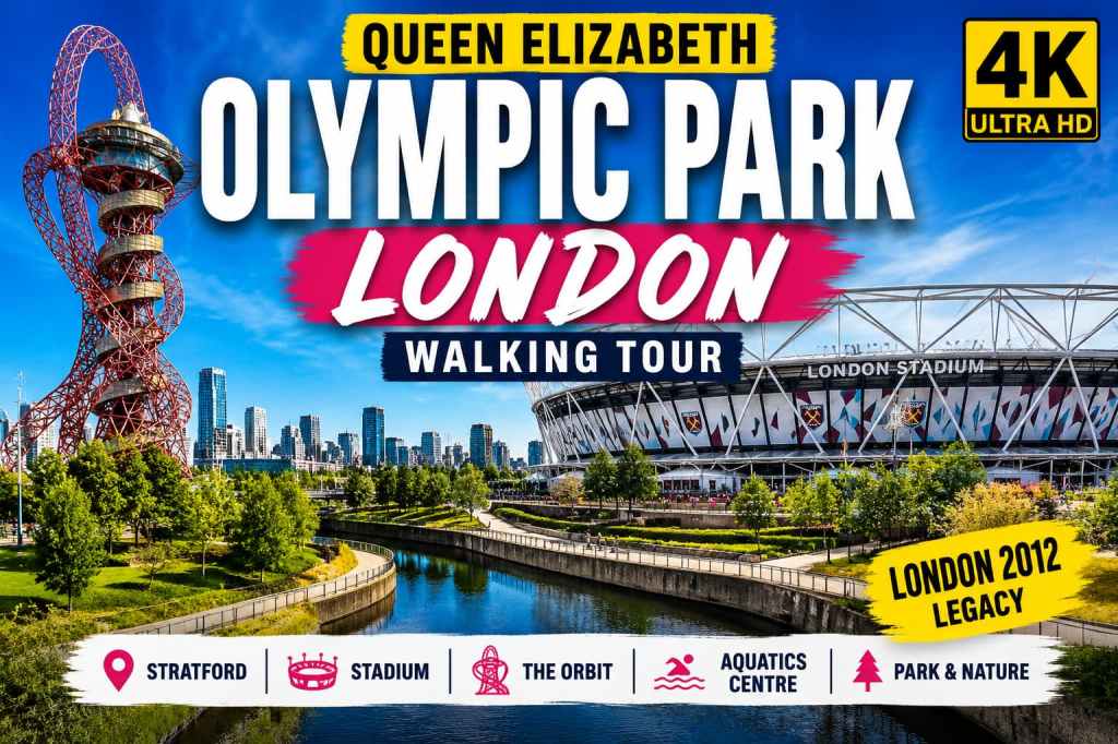 A walk through London's Olympic Park, past the Stadium, the ArcelorMittal Orbit, and the surrounding venues.