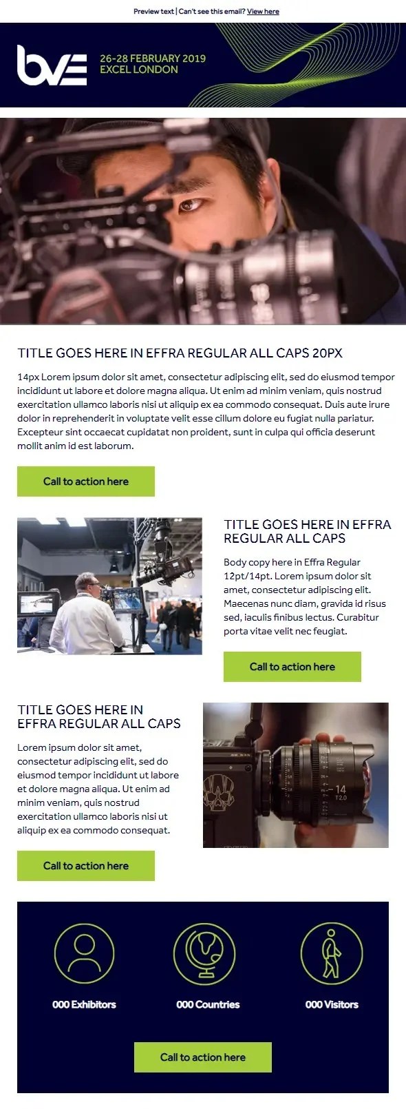 Full-length BVE Expo email: dark masthead, speaker announcement blocks and a sponsor logo row.