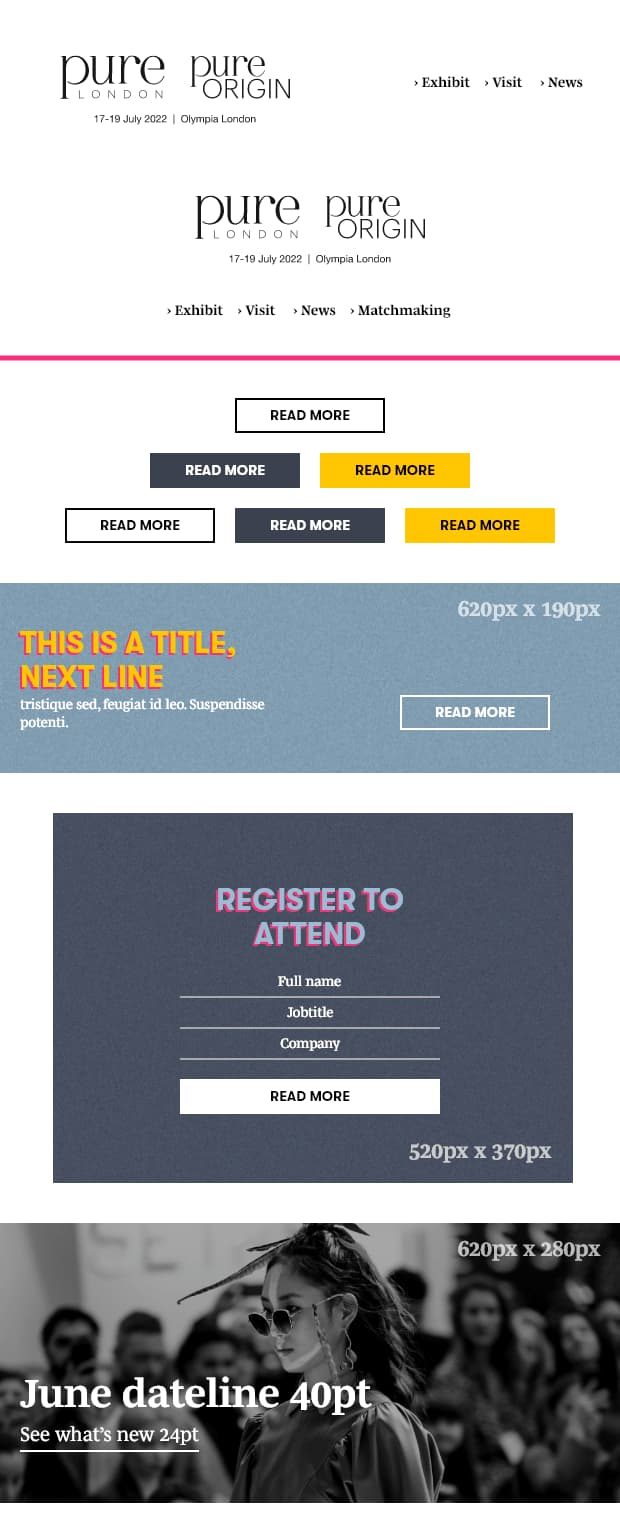 Full-length Pure London email: large editorial hero image above trend preview blocks.