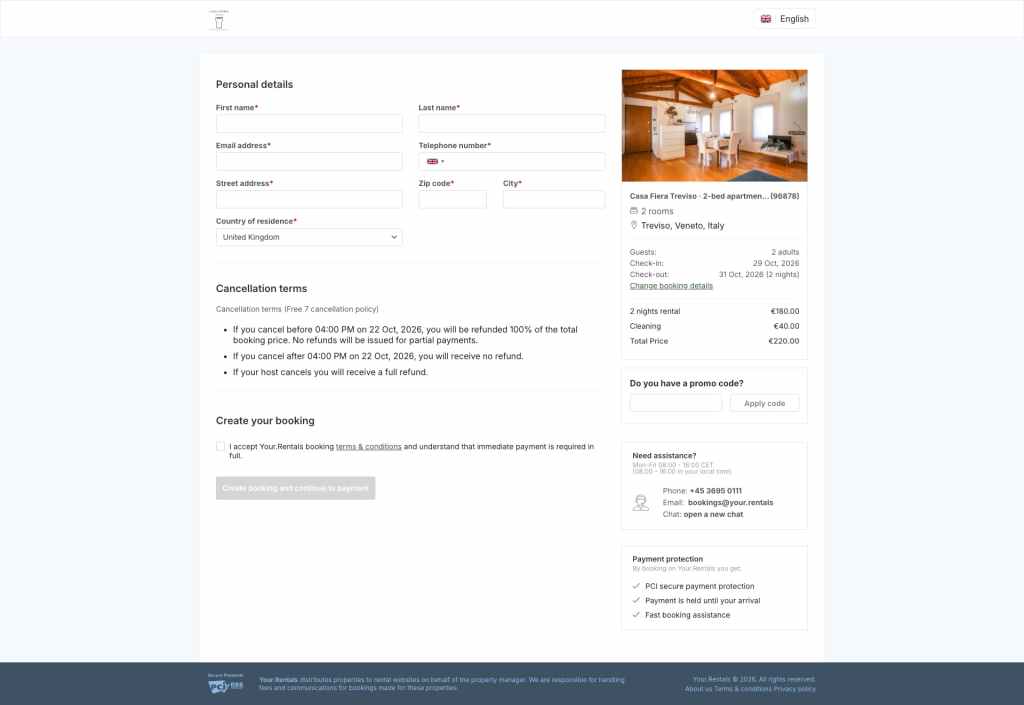 Your.Rentals checkout page for Casa Fiera with cancellation terms and price summary