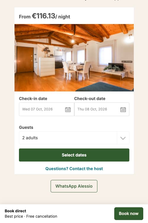 Widget di prenotazione di Casa Fiera con prezzo a notte, date di check-in e check-out e numero di ospiti