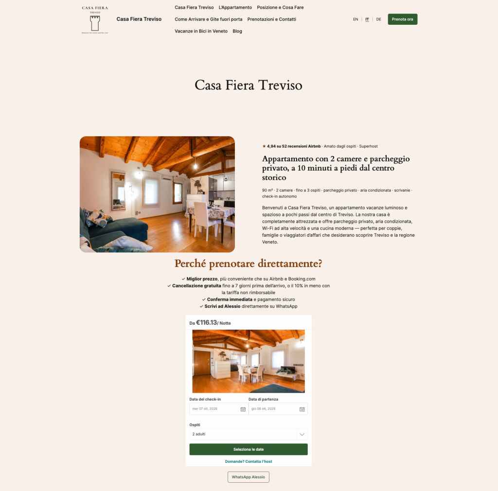 Sito di prenotazione diretta di Casa Fiera Treviso su desktop, con valutazione Airbnb, sezione Perché prenotare direttamente e widget di prenotazione