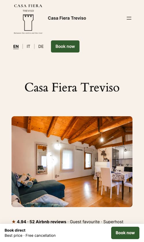 Homepage di Casa Fiera da smartphone con la barra Prenota diretto sempre visibile