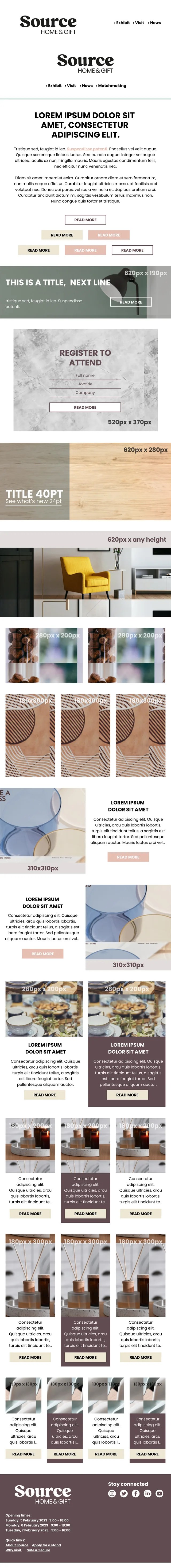 The full Source Home & Gift email template: header options, buttons, image banner, register pod, heroes, two-, three- and four-pod grids with alternating plum cards, and a plum footer, each image slot labelled with its pixel size.